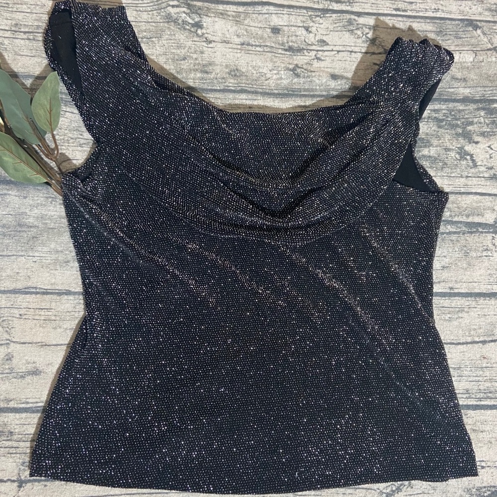 Xscape Black Shiny Lurex Cowl Neck Top Medium